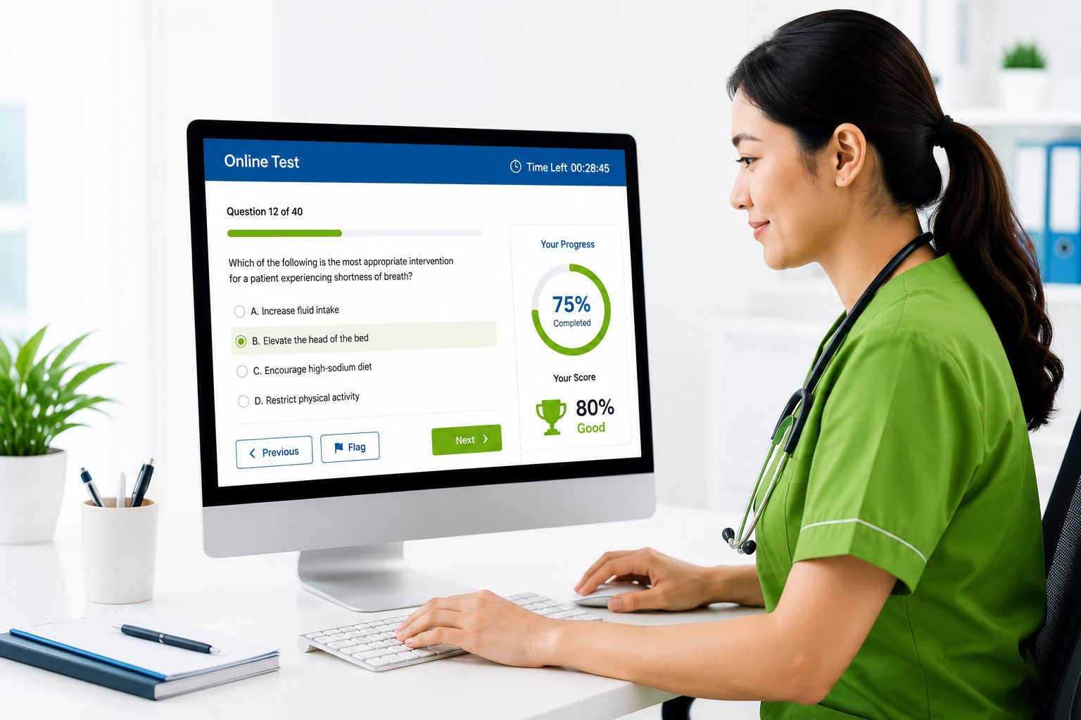 Nurse completing an online multiple-choice examination